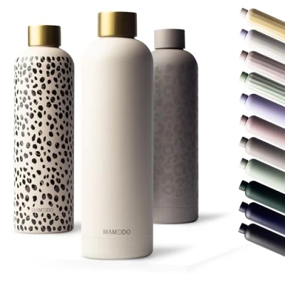 Abbildung von MAMEIDO Trinkflasche Edelstahl 750ml, 500ml &amp; 1l auslaufsichere Thermosflasche, Kohlensäure geeignet, BPA frei, Isolierflasche 12h heiß 24h kalt (Ivory Beige Gold, 0,75l)