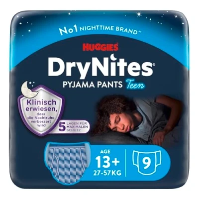 Abbildung von Huggies DryNites Nachtwindeln bei Bettnässen, für Jungen ab 13 bis ca. 17 Jahre (48 60 KG), 27 Stück (3x9), Monatspack, Windel Pants