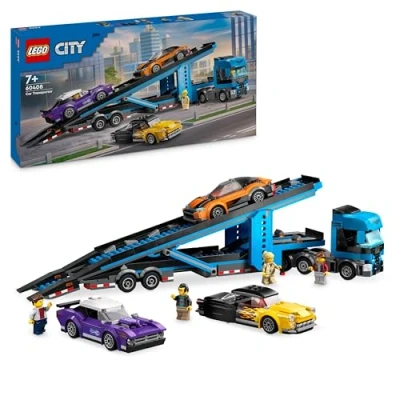 Abbildung von LEGO City Autotransporter mit Sportwagen, Set 4 Spielzeugautos für Jungen und Mädchen ab 7 Jahren, Weihnachts oder Geburtstagsgeschenk, Minifiguren Rollenspiele 60408