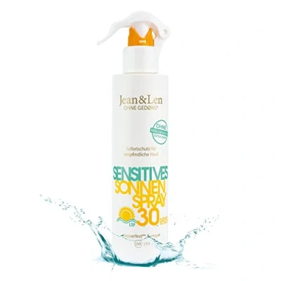 Abbildung von Jean &amp; Len Sensitiv Sonnenspray 30 LSF wasserfest, für empfindliche Haut, ohne Silikone, Nanopartikel, Octocrylen, Mikroplastik, Mineralöl, Duft Farbstoffe, vegan, Sonnencreme Spray 250 ml