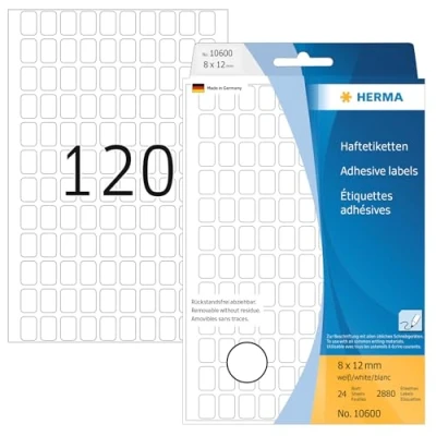 Abbildung von HERMA 10600 Vielzweck Etiketten ablösbar, 2880 Stück, 8 x 12 mm, 120 pro Bogen, selbstklebend, Haushaltsetiketten zum Beschriften, matt, blanko Papier Klebeetiketten Aufkleber, weiß