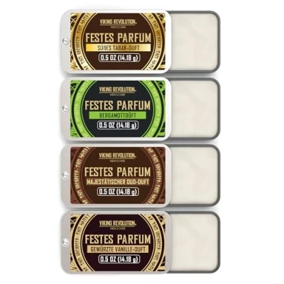 Abbildung von Viking Revolution Kolonya Festes Parfüm für Männer Parfum Herren mit Gewürzvanille, Süßer Tabak, Majestätisches Oud, Bergamotte Geschenke 4er Pack 4 x 14 g