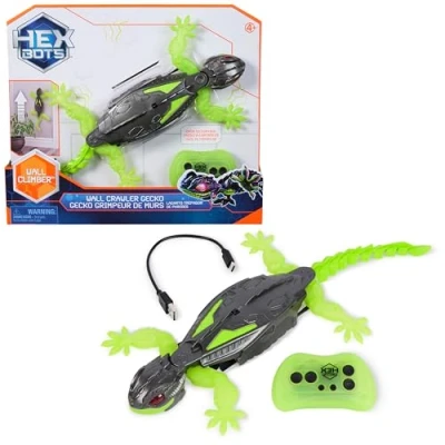 Abbildung von Hex Bots Wall Crawler Gecko, ferngesteuerter der an Wänden und Decken entlang krabbelt, mit leuchtenden LED Augen, einfach per Fernbedienung zu steuern, realistische Bewegungen, ab 4 Jahren