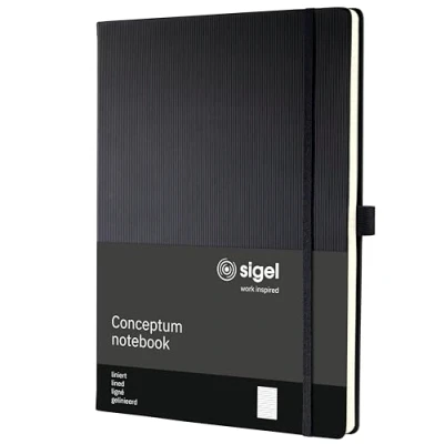 Abbildung von SIGEL CO112 Premium Notizbuch liniert, A4, Hardcover, schwarz, aus nachhaltigem Papier Conceptum mit Seitenzahlen, Inhaltsverzeichnis, Stiftschlaufe, Falttasche