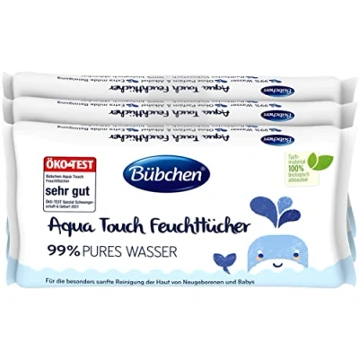 Abbildung von Bübchen Aqua Touch Feuchttücher, 144 Stück (3 x 48) sensitive Pflegetücher mit 99% purem Wasser, feuchte Tücher für Neugeborene und Babys