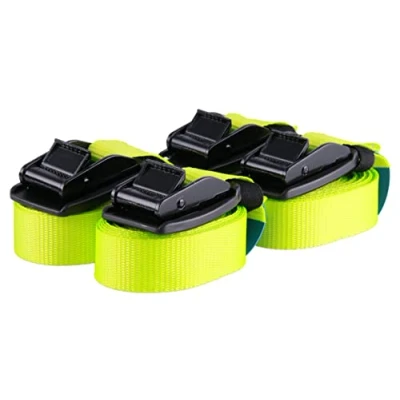 Abbildung von 4er Set Sandax Zurrgurte Spanngurte mit Klemmschloss und Schnallenschutz aus Gummi Länge: 4m, Breite: 25mm Verzurrgurte belastbar bis 540kg, nach DIN EN 12195 2 Premium Spannband, Neongelb