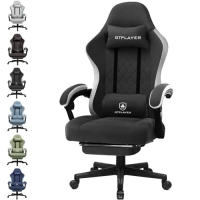 Abbildung von GTPLAYER Gaming Stuhl Ergonomischer Sessel Schreibtischstuhl mit Stoffoberfläche, Federsitzkissen, Verbindungsarmlehnen und Fußstütze schwarz