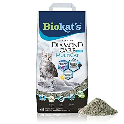 Abbildung von Biokat&#039;s Diamond Care MultiCat Fresh Katzenstreu mit Duft Feine Klumpstreu aus Bentonit Aktivkohle speziell für Mehrkatzen Haushalte 1 Sack (1 x 8 L)