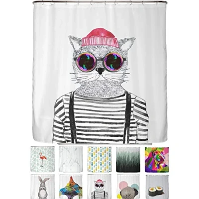 Abbildung von arteneur® Hipster Katze Berlin Anti Schimmel Duschvorhang 180x180 Recycelt mit Öko Tex Standard 100 Beschwerter Saum, Blickdicht, Wasserdicht, Waschbar, 12 Ringe &amp; E Book