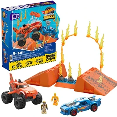 Abbildung von MEGA Hot Wheels Smash und Crash Tiger Shark Wettkampf im Monster Truck Bauset, 226 Teile, Tigerstreifen Lackierung, Rampe, Feuerring, für Kinder ab 5 Jahren, HKF88