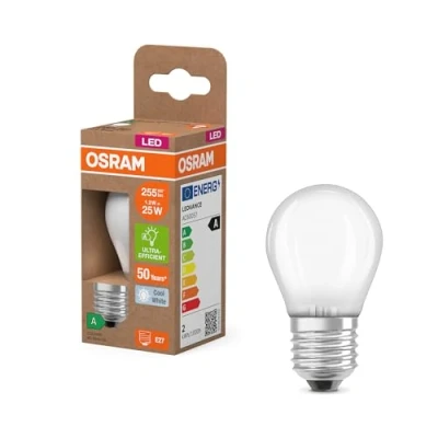Abbildung von Osram LED Lampe in klassischer Miniballform, mit dekorativem Filament im Frosted Design, Energieeffizienzklasse A, E27, 1.2 W, 255 lm, 4000 K, kaltweiß. Ohne Aufwärmen, sofort 100% Licht.