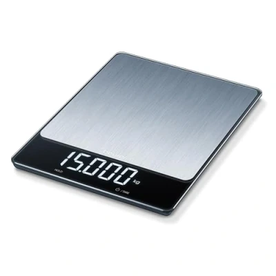 Abbildung von Beurer KS 34 XL stainless steel Küchenwaage aus edelstahl für präzises Wiegen bis 15 kg, mit praktischer Tara Zuwiegefunktion, Hold Funktion und Magic LED Display,