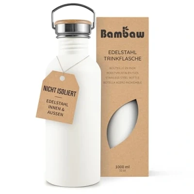Abbildung von Bambaw Edelstahl Flasche 1l, Nicht isolierte Trinkflasche Weiß, 1l Schraubverschluss, Wasserflaschen aus Polarweiß