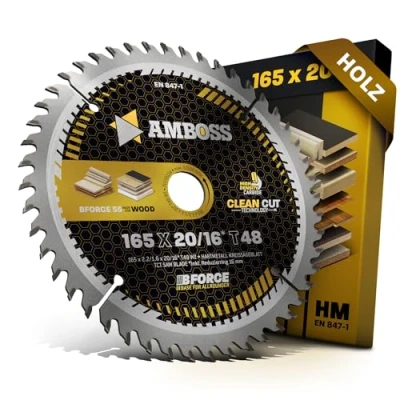 Abbildung von HM Kreissägeblatt 165x20 16 Z48 Wechselzahn für Holz Super Feinschnitt. AMBOSS WERKZEUGE® Sägeblatt 165mm +Reduzierring 20mm. 165x16 komp. zu DeWALT D23550. 23551. DC310. 310KL. 310KN. 390