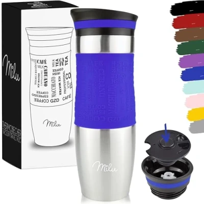 Abbildung von Milu Thermobecher 370ml 450ml Isolierbecher Kaffeebecher to go 100% Auslaufsicher Trinkbecher aus Edelstahl Autobecher doppelwand Isolierung Thermo Becher Travel Mug (Blau, 450ml)