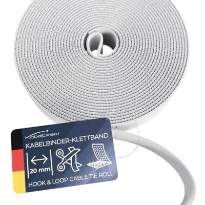 Abbildung von KabelDirekt Kabelbinder Klettband 15 m Rolle, 20 mm breit zuschneidbare Klett Rolle/Kabelmanagement mit Klettverschluss (wasserfest, umweltfreundlich, wiederverwendbar weiß)