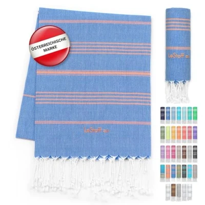 Abbildung von LeStoff Premium Hamamtuch 100% Bio Baumwolle Vorgewaschen, Nachhaltig, Saugstark &amp; Schnelltrocknend Strand, Bade, Dusch, Yoga, Spa Reise Tuch (95 x 180 cm, Sky Blue Orange)