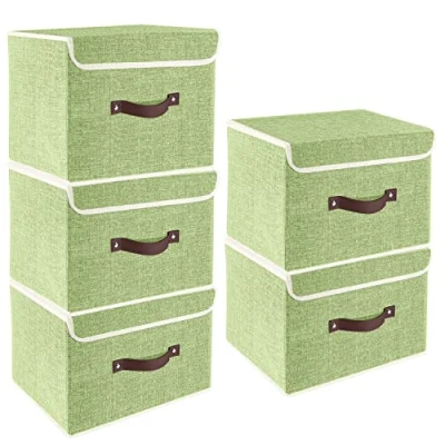 Abbildung von TYEERS Faltbare Aufbewahrungsbox mit Deckel, Stoff, Waschbare, Kisten Aufbewahrung 38x25x25 cm, 5 Stück, Grün
