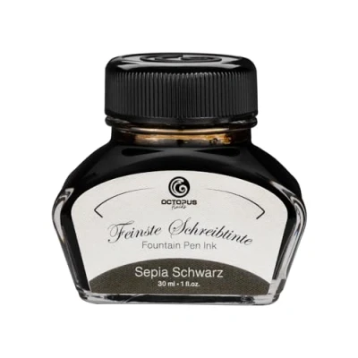 Abbildung von Octopus Fluids Füllhaltertinte im Tintenglas, Schreibtinte für Füllhalter, Füllertinte in Sepia Schwarz 30ml Tintenfass, Kalligraphie Tinte