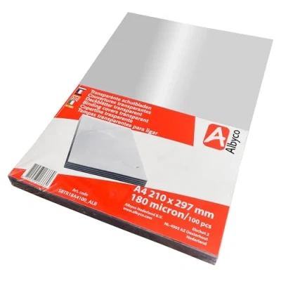 Abbildung von Albyco Klarsicht Deckblatt, PVC Deckblätter, Einbanddeckel, Transparent PVC, Format A4 210 x 297 mm, 0,18mm/180 micron, Glänzend, pro 100 Stück