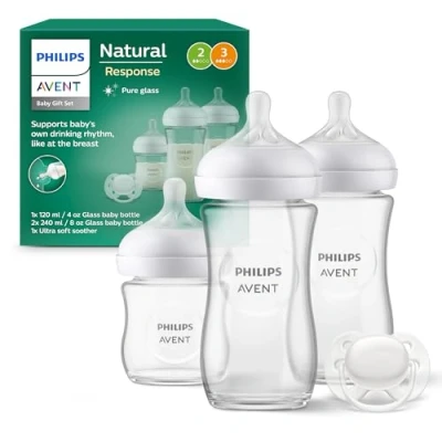 Abbildung von Philips Avent Babyflaschen aus Glas, Geschenkset für Neugeborene 3 Natural Response, ultra soft Schnuller, Babys von 06 Monaten und älter (Modell SCD878/11)