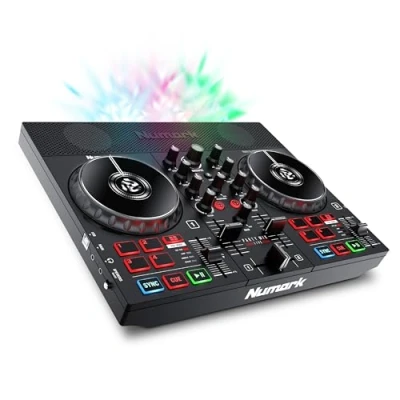 Abbildung von Numark Party Mix Live DJ Controller Mischpult mit eingebauten Lautsprechern, Lichtshow; unterstützt direktes Streaming von TIDAL, SoundCloud u. mehr