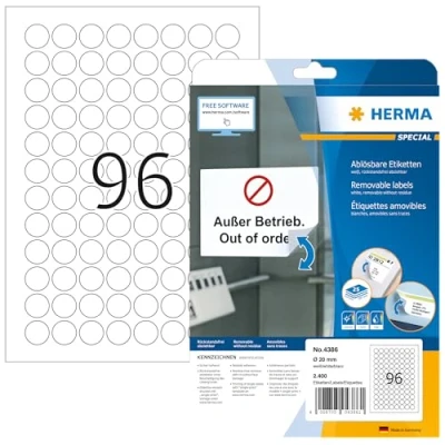Abbildung von HERMA 4386 Universal Etiketten ablösbar rund, 25 Blatt, Ø 20 mm, 96 pro A4 Bogen, 2400 Stück, selbstklebend, bedruckbar, matt, blanko Papier Klebeetiketten Aufkleber, weiß