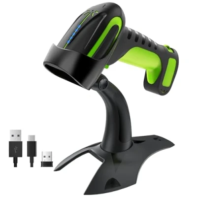 Abbildung von Tera Pro 3 in 1 Extreme Leistung Barcodescanner Kabellos 1D 2D QR Bluetooth 2,4G &amp; Kabelgebunden USB C Industriell Barcode Scanner 2500mAh Exzellente Fallfestigkeit mit Ständer 8100 Grün