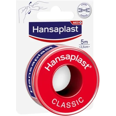 Abbildung von Hansaplast Fixierpflaster Classic (5 m x 2,5 cm), Tapeband zur einfachen und sicheren Fixierung von Wundverbänden, Heftpflaster Rolle mit starker Klebekraft.
