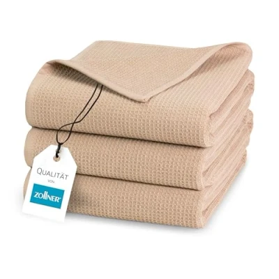 Abbildung von ZOLLNER 3er Set Duschtücher in 70x140 cm langlebige Handtücher beige mit praktischem Aufhänger Zeitloses Waffelmuster waschbar bis 95C Baumwolle Hotelqualität