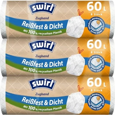 Abbildung von Swirl Reißfest &amp; Dicht Müllbeutel mit Zugband, 60L, 3er Multipack 24 Beuteln, Extra Stark, Tropfsicher