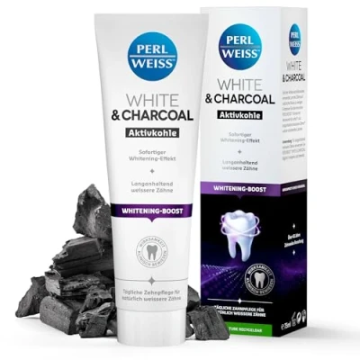 Abbildung von PERLWEISS White &amp; Charcoal Aktivkohle Zahncreme für weiße Zähne mit sofortigem Whitening Effekt entfernt Verfärbungen, sorgt frischen Atem schützt den Zahnschmelz, 75 ml