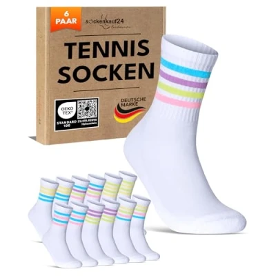 Abbildung von 6 Paar Tennissocken Damen 35 38 Weiß Sportsocken Atmungsaktiv Damensocken Baumwolle Retro Crew Socken (Weiß bunte Ringel 38)