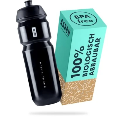 Abbildung von AARON ECO Trinkflasche 100% biologisch abbaubar, 750 ml, leicht und auslaufsicher, praktische BPA freie Wasserflasche für Sport, Fitness, Wandern, Outdoor in schwarz