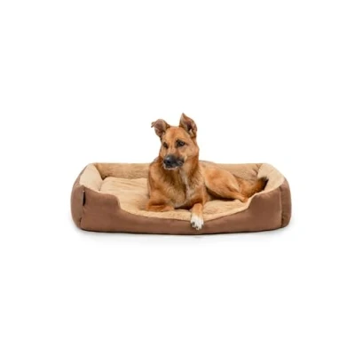 Abbildung von lionto Hundebett mit Wendekissen und Rutschfester Unterseite, Robustes Heimtierkissen tiefem Einstieg für Hunde Katzen jeden Alters, 90x70 cm, kuscheliges Hundekissen, braun/beige