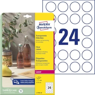 Abbildung von AVERY Zweckform L7780 25 transparente runde Etiketten (600 Klebepunkte, Ø40mm auf A4, selbstklebend, Aufkleber zum Bedrucken, wetterfest, Beschriftungen/Produktaufkleber) Blatt, durchsichtig