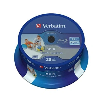 Abbildung von Verbatim BD R SL Datalife Blu ray Rohlinge 25 GB, Disc mit 6 facher Schreibgeschwindigkeit, 25er Pack Spindel, großflächig bedruckbar, Disks für Video und Audiodateien