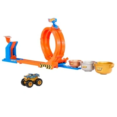 Abbildung von Hot Wheels Monster Trucks Truck und Strecken Spielset, Loop &amp; Flip Trophy Challenge Spielset Die Cast Bigfoot zum 50. Jubiläum im Maßstab 1:64, zwei Spielmöglichkeiten, JBX64