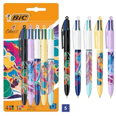 Abbildung von BIC 4 Farben Kugelschreiber Set Colours Dekor Botanik, verschiedene Designs, 5er Pack, nachfüllbar, Ideal für das Büro, Home Office oder die Schule