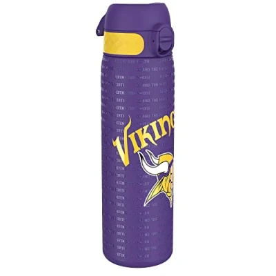 Abbildung von Ion8 Stahl Trinkflasche, 600 ml, Auslaufsicher, Einhandöffnung, Sichere Verriegelung, Spülmaschinenfest, Klappdeckel, Tragegriff, Leicht zu Reinigen, Langlebig, NFL Vikings Design
