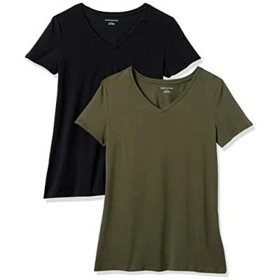 Abbildung von Amazon Essentials Damen Kurzärmeliges T Shirt mit V Ausschnitt, Klassischer Schnitt, 2er Pack, Olivgrün/Schwarz, XXL