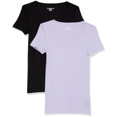 Abbildung von Amazon Essentials Damen Kurzärmeliges T Shirt mit V Ausschnitt, Schmale Passform, 2er Pack, Schwarz/Lavendel, M