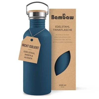 Abbildung von Bambaw Wasserflasche 1l Edelstahl, Nicht isolierte Trinkflasche Blau, BPA Freie 1l, Wanderflasche Metallflasche Azurblau