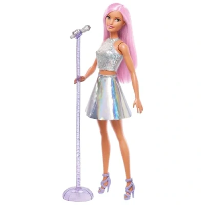 Abbildung von Barbie Pop Star Puppe gekleidet in einem schillernden Rock mit Mikrofon und rosafarbenem Haar, Geschenk für Kinder von 3 bis 7 Jahren, JCW42