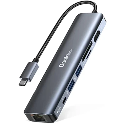 Abbildung von USB C Hub Dockteck 7 in 1 Dock DD0003 Adapter, Ethernet LAN RJ45, 4K 60Hz HDMI, 100W Power Delivery, 2 3.0 Ports und SD/microSD für iPhone 15 Pro MacBook M1, iPad Pro, Surface Mehr