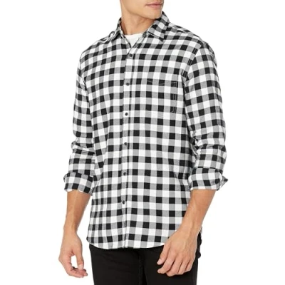 Abbildung von Amazon Essentials Herren Langarmhemd aus Flanell (in Übergröße erhältlich), Schwarz Buffalokaros, L