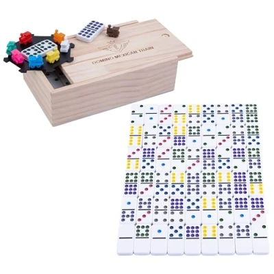 Abbildung von Engelhart 250127 Mexikanisches Domino Zug Premium Qualität 55 Dominosteine (9 mm) Holzkasten 8 Bunte Lokomotiven 2 bis 4 Spieler
