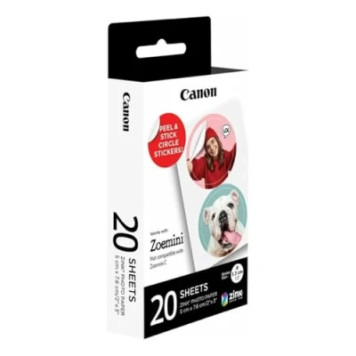 Abbildung von Canon ZP 2030 2C Original ZINK Fotopapier Circle Sticker für Zoemini Sofortbildkamera/Fotodrucker, 20 Blatt je 2 runde Fotosticker mit 3,3cm Durchmesser, Kleberückseite, wasserabw., reißfest