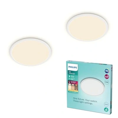 Abbildung von Philips LED Badezimmer Deckenleuchte Superslim, weiß, 18W, warmweißes Licht 2.700K, 3 Lichteinstellungen dimmen ohne Dimmer, IP44 Schutz, Doppelpack