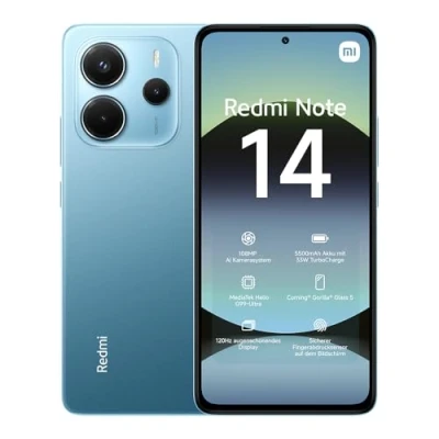 Abbildung von Xiaomi Redmi Note 14 Smartphone, 8 + 256GB, Blue, 108MP AI Kamerasystem, 5500mAh Akku, 120Hz Augenschutzdisplay, Funktionen (kein Ladegerät enthalten)
